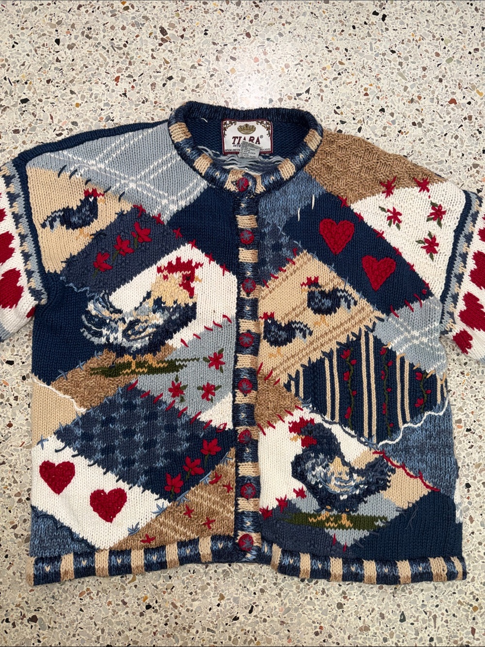Tiara International cardigan sweater blue red hearts hens chickens m medium